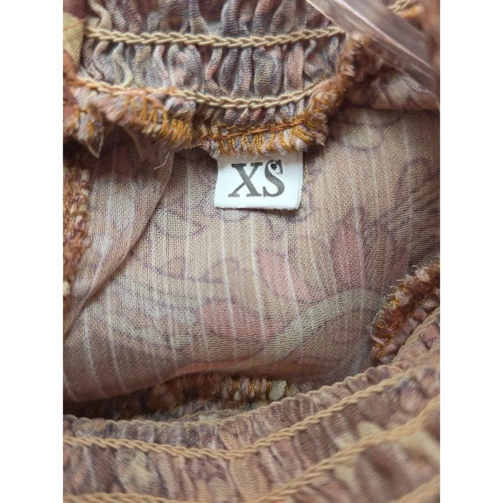 Paisley Tiered Midi Dress Womens XS Brown Boho Smocked‎ Ruffle Long Sleeve